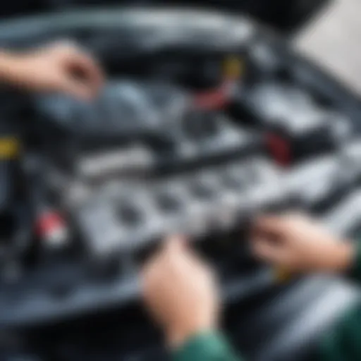 A mechanic carefully inspecting a car engine with tools in hand