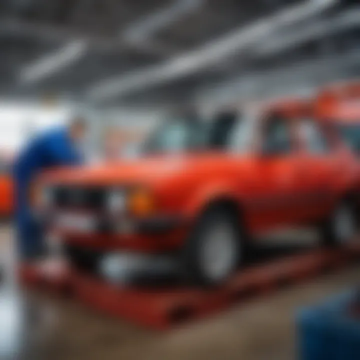 Mechanics working on vehicles in the service area of the Ulan-Ude Auto City.