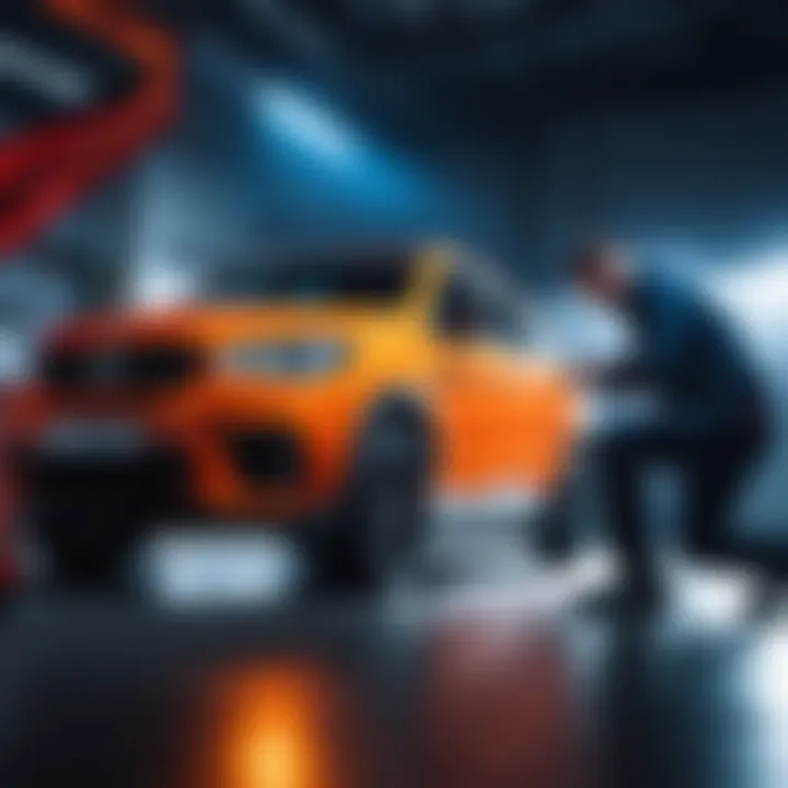 Expert technician examining a vehicle under bright lights