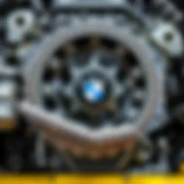 Detailed view of a BMW engine showing the timing chain area