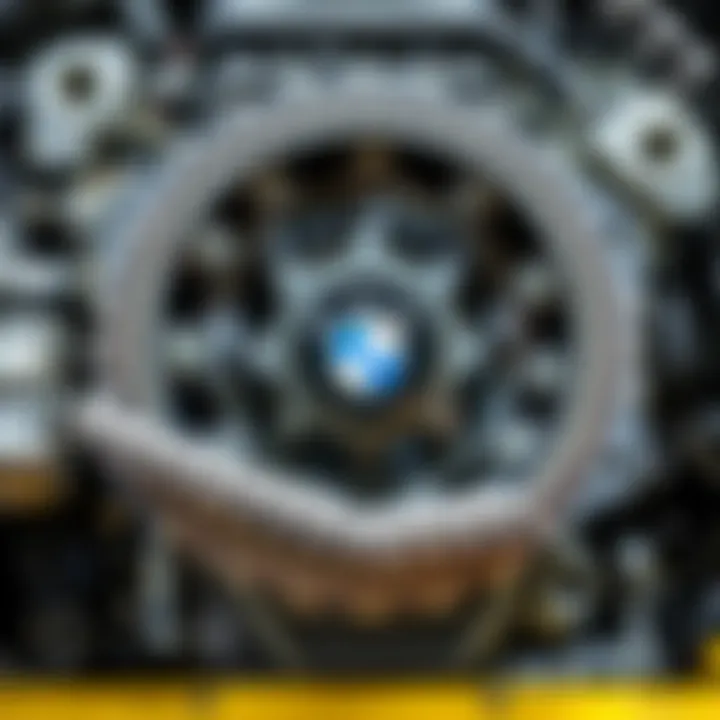 Detailed view of a BMW engine showing the timing chain area