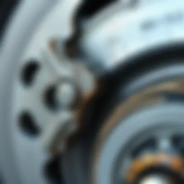 Close-up view of brake pads showing wear and tear