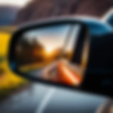 Close-up view of a 20x30 cm car mirror reflecting a scenic landscape