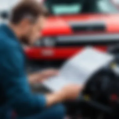 Car owner examining vehicle manual for warning light