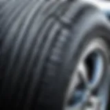 Close-up of a car's tire showing wear patterns