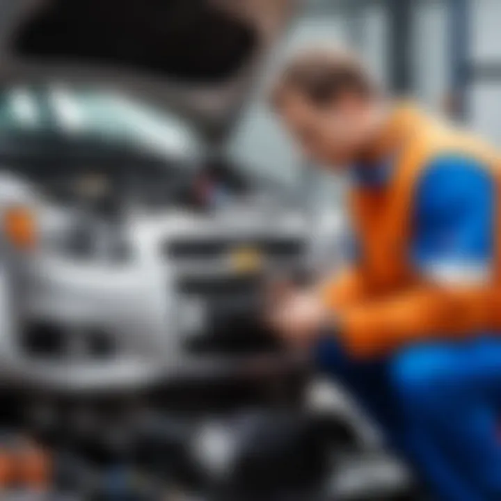 Mechanic examining Chevrolet Aveo engine