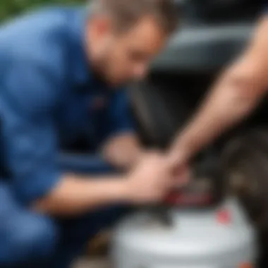 Illustration of a technician replacing the expansion tank cap