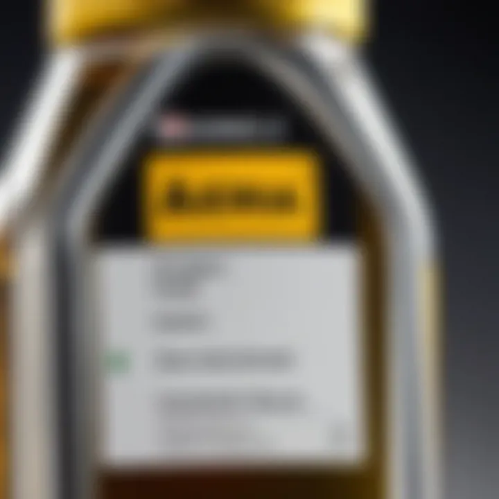 Close-up of oil viscosity rating on a bottle