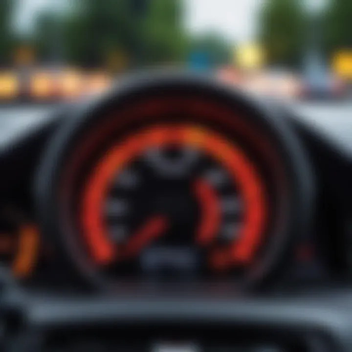 Close-up view of a car dashboard with warning lights