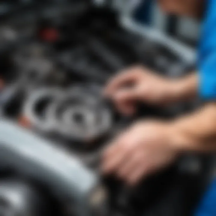 Mechanic inspecting a timing belt in an engine