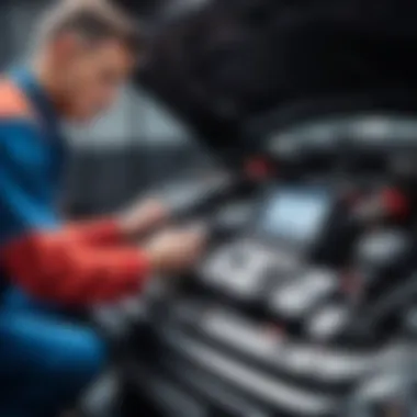 Mechanic inspecting an engine with a diagnostic tool