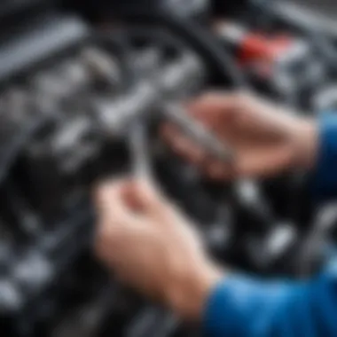 Engine Inspection for Spark Plug Replacement Mechanic inspecting an engine with a spark plug tool
