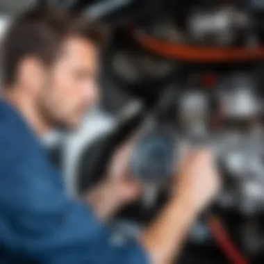 Mechanic Monitoring Engine Temperature Mechanic checking engine temperature with a thermometer