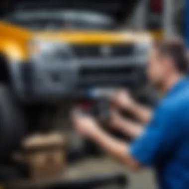 A mechanic examining the transfer case for oil maintenance