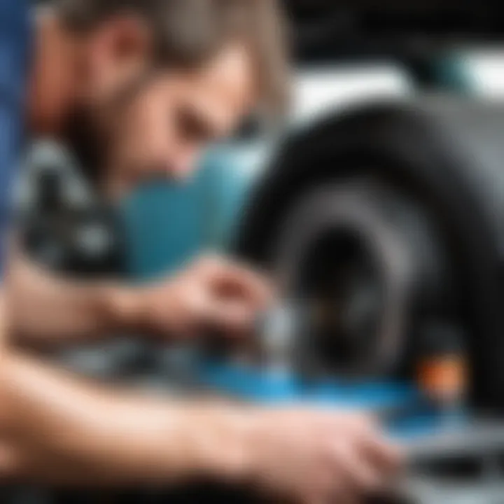 Mechanic applying lubricant to a stabilizer bushing