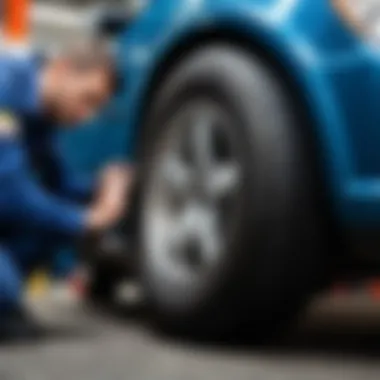 A mechanic assessing tire condition and compatibility.