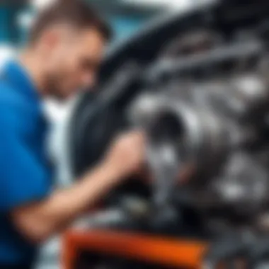 Mechanic examining engine components