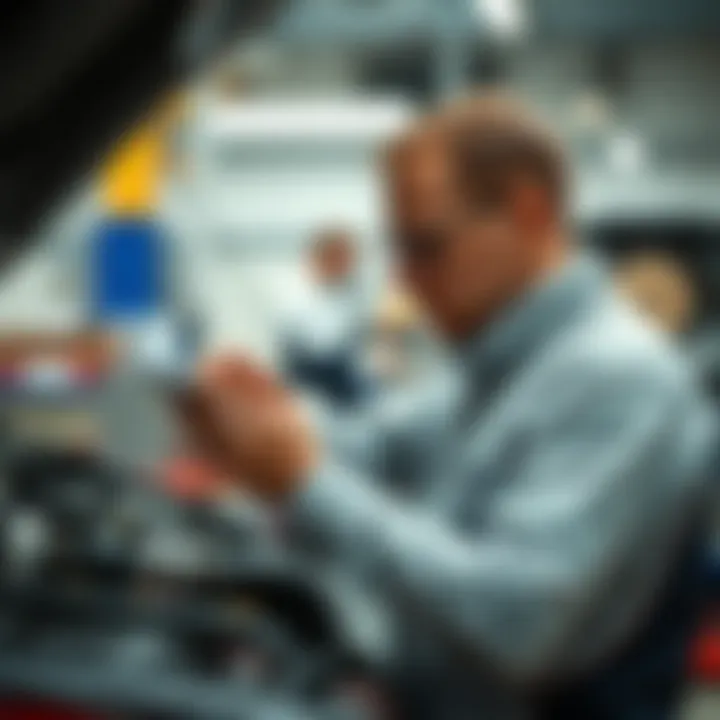 Mechanic examining engine systems for faults