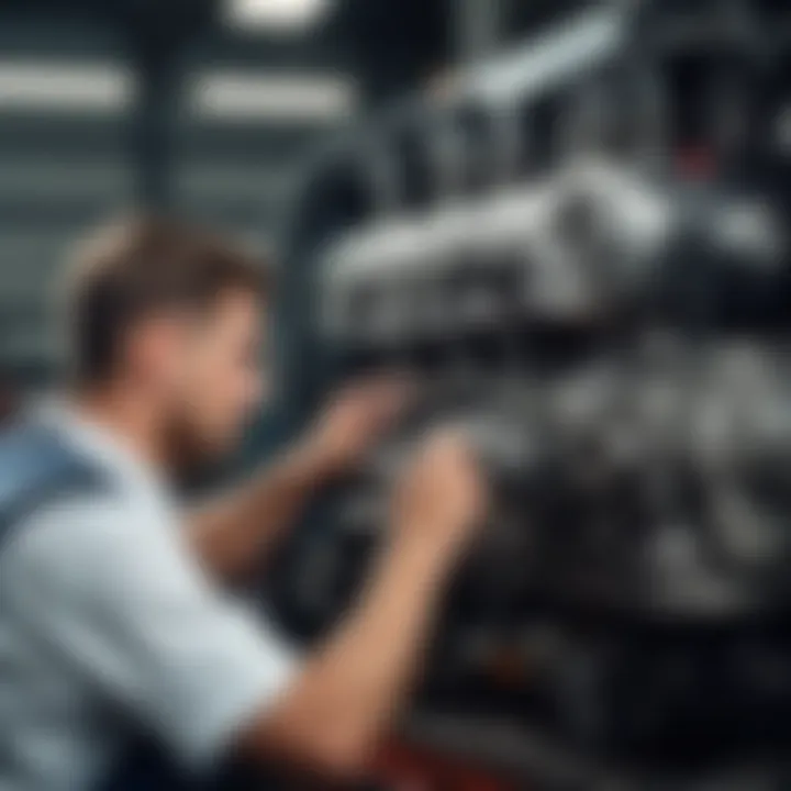 Mechanic inspecting a diesel engine in a workshop