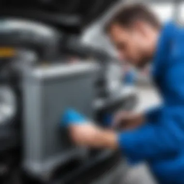 Mechanic inspecting a radiator for antifreeze issues