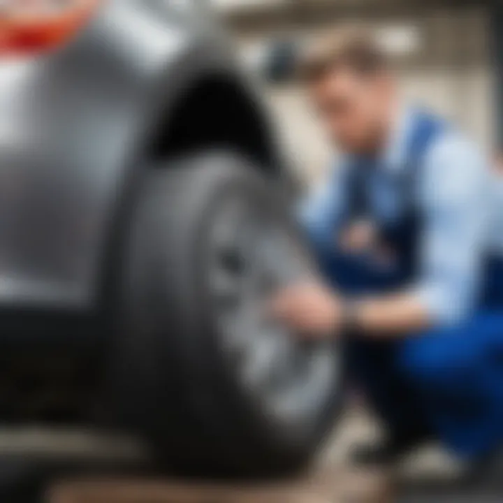 Mechanic inspecting a car wheel for quality