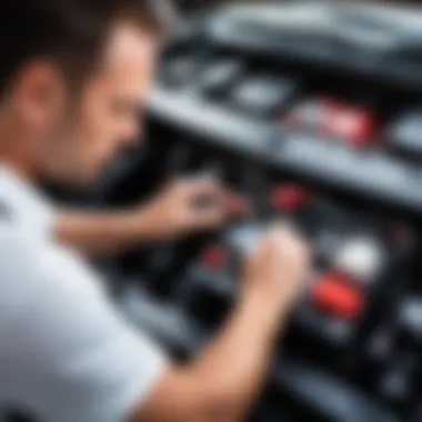 Mechanic checking battery connections in Mitsubishi Colt