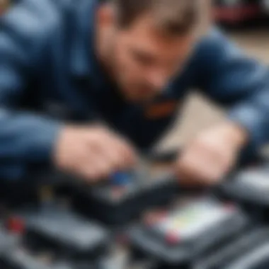 Mechanic checking battery terminals for corrosion