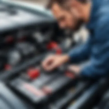 Mechanic examining car battery connections