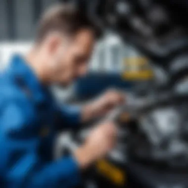 Mechanic examining the timing belt during a maintenance check