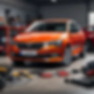 Skoda Fabia in a garage with tools arranged