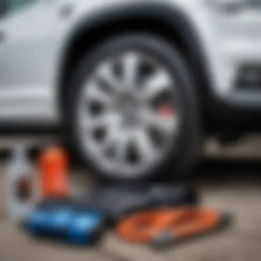 Maintenance tools laid out for Skoda Yeti wheel care