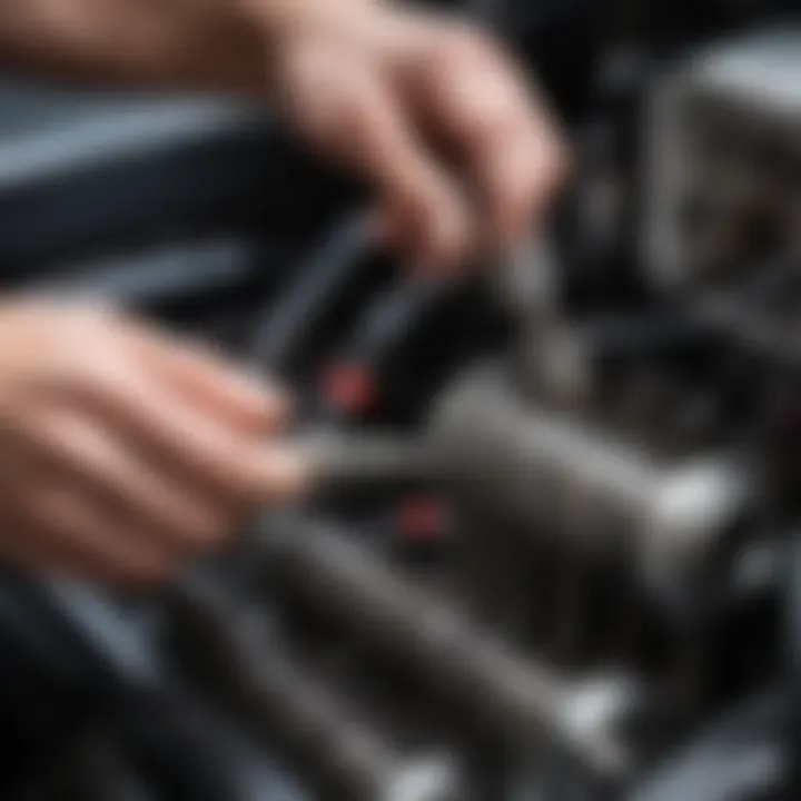 Mechanic demonstrating spark plug installation in a vehicle.