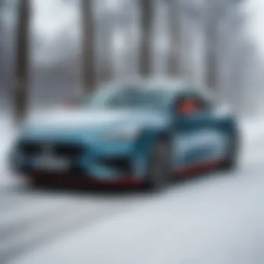 A sleek car with a heated windshield in a snowy environment, highlighting the benefits of improved visibility.