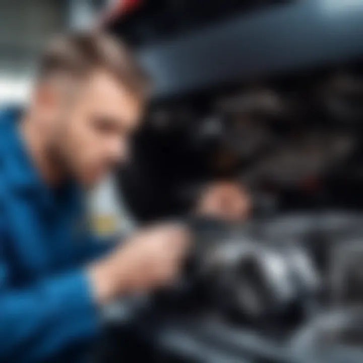 A mechanic inspecting a vehicle's timing belt for potential issues