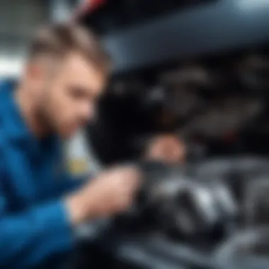 Professional Inspection of Timing Belt A mechanic inspecting a vehicle's timing belt for potential issues