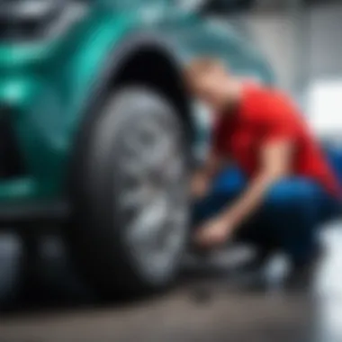 Skilled Technician Adjusting Vehicle Wheels Skilled technician adjusting vehicle wheels