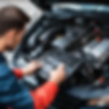 A technician performing diagnostic checks on a vehicle's transmission