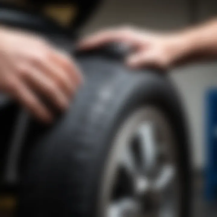 Close-up of a tire being inspected for wear and tear