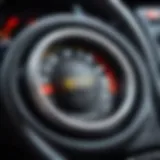 Close-up view of the trip button on a car steering wheel