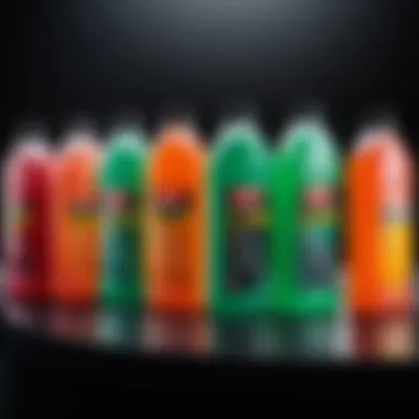 Different types of antifreeze displayed in bottles