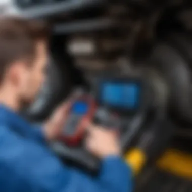 Vehicle Diagnosis Mechanic diagnosing vehicle with ABS and handbrake alerts