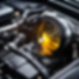 Close-up of car engine with visible oil leak