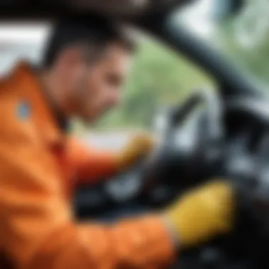 Mechanic inspecting car interior for oil odor sources