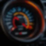 A close-up view of a car's dashboard displaying various warning lights