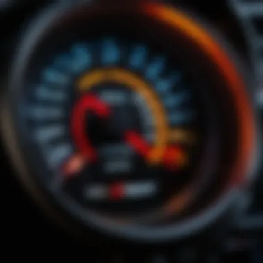 A close-up view of a car's dashboard displaying various warning lights