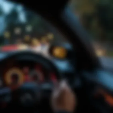 A driver observing the dashboard warning lights while driving