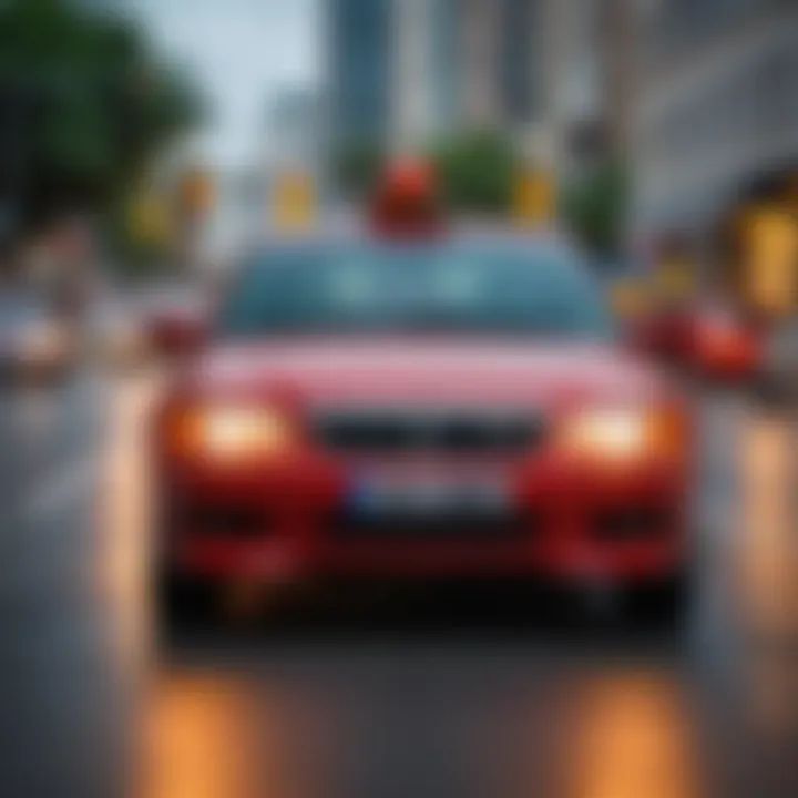 A vehicle stalled at a traffic light with other cars passing