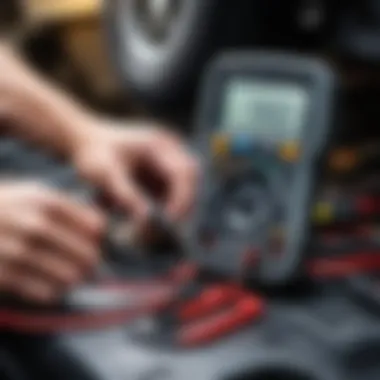 Mechanic testing battery voltage with a multimeter