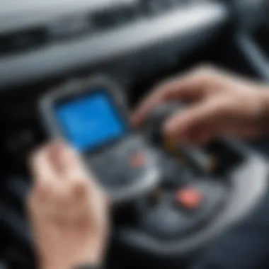 Mechanic using a diagnostic tool on a Hyundai Accent to check engine issues.