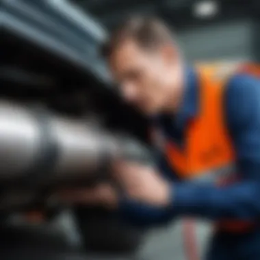 Close-up of a technician inspecting vehicle pipes for maintenance.